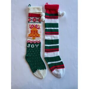 Vintage 100% Acrylic Stocking Bundle of 2 Joy Bell Striped Red Green Holiday 25"
